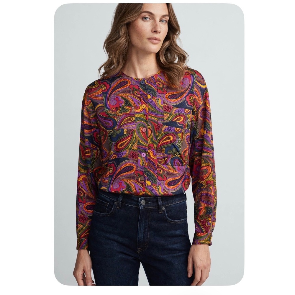 Evan-Picone Sport Womens Paisley Button Front Blouse Multi-Color Rayon Size M